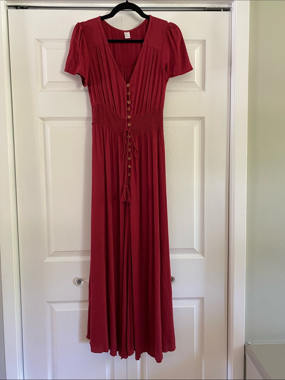 Red Button-Front Maxi Dress with Smocked Waist Size S